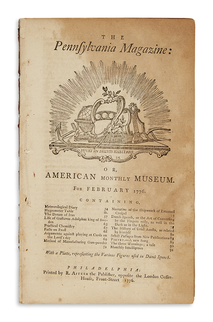 (AMERICAN REVOLUTION--1776.) [Paine, Thomas; editor.] Issue of the Pennsylvania Magazine or American Monthly Museum.